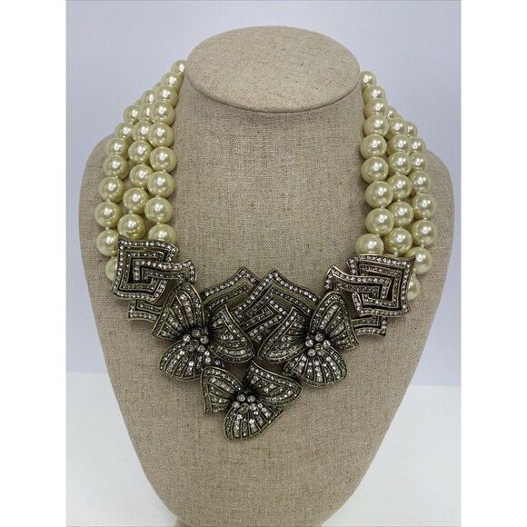 Heidi Daus GOTTA HAVE IT Crystal Accent Flowers 3 Strand Cream Pearl Necklace - Picture 1 of 12